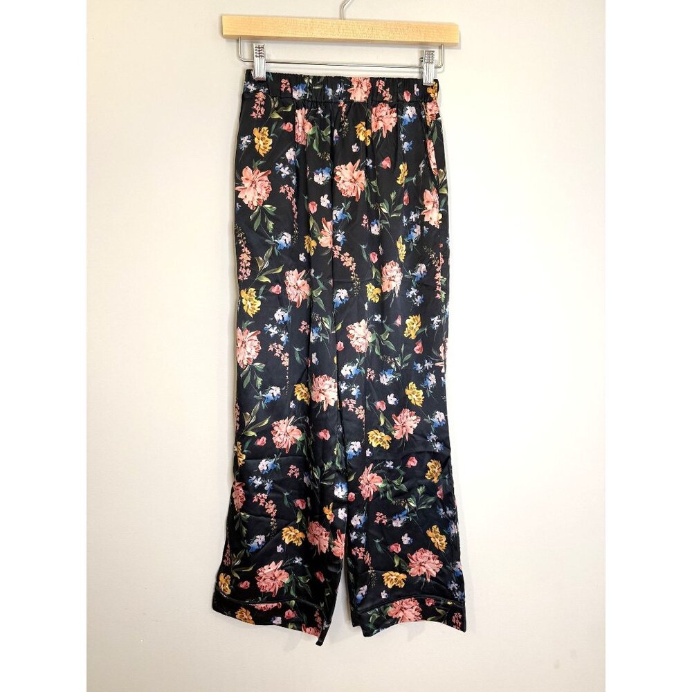 NEW Generation Love Floral Satin Cropped Wide Leg Pant Size XS Black [jb]